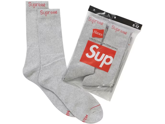 Supreme Hanes Crew Socks (4 Pack) Heather Grey